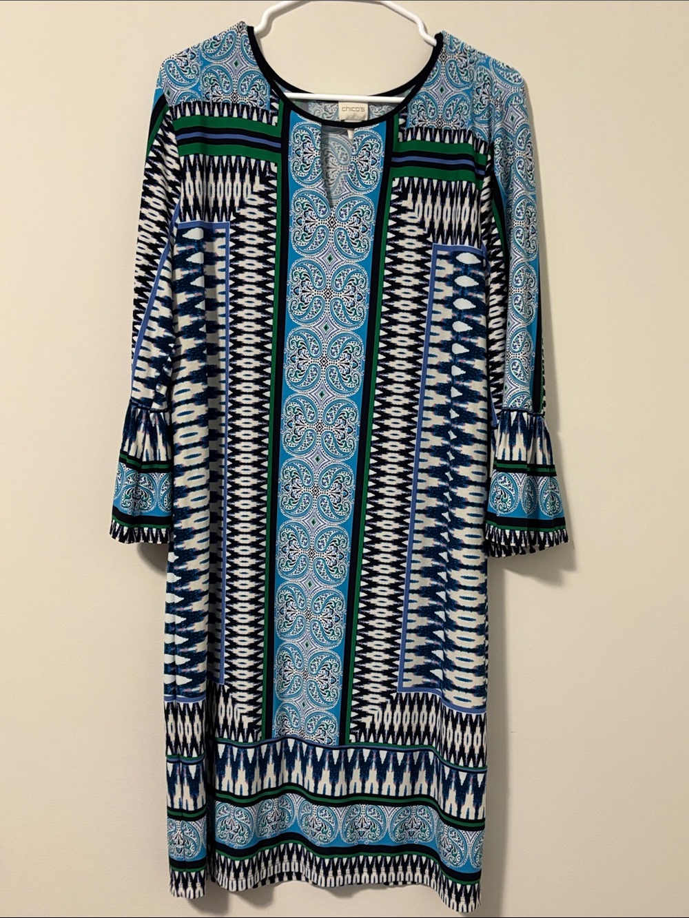 Chico's Blue, Teal & Black Mixed-Print Long Sleeve Shift Dress